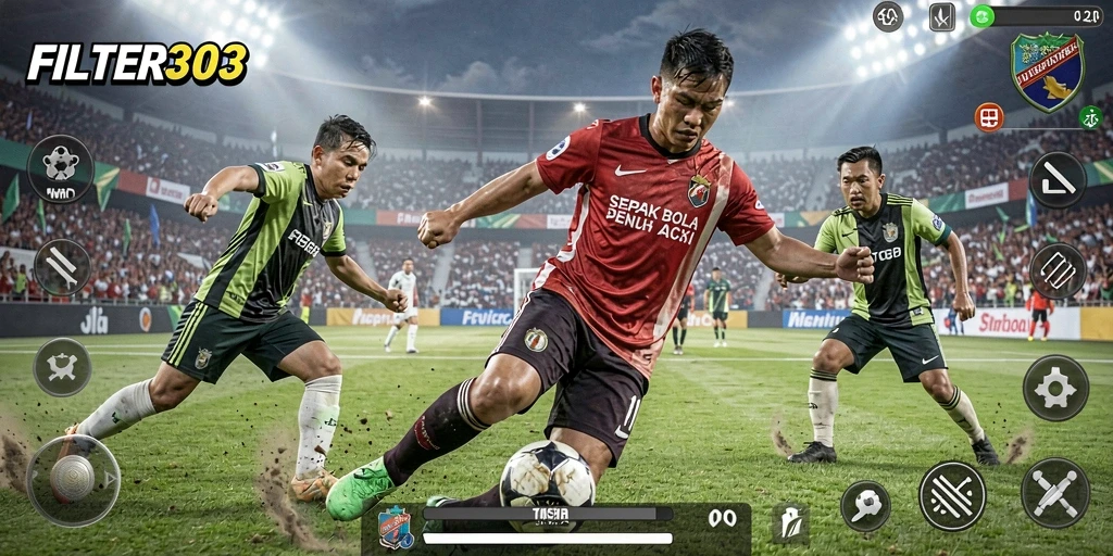 Tampilan aksi seru dalam game FILTER303 menunjukkan pertandingan sepak bola nyata.