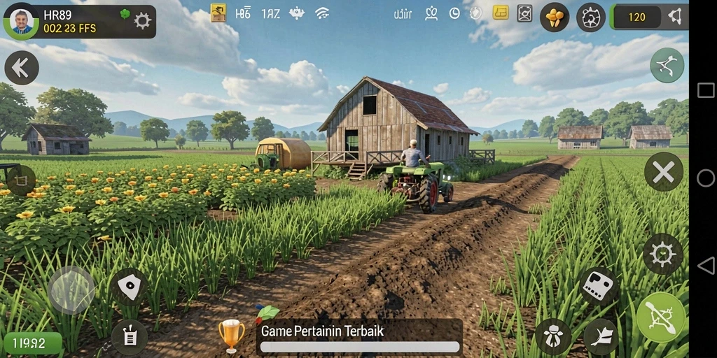 Screenshot gameplay HR89 yang menunjukkan aktivitas bertani dan panen.
