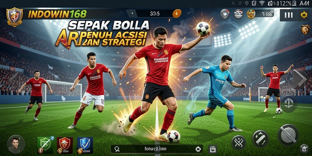 Screenshot utama INDOWIN168 menampilkan aksi seru pertandingan sepak bola.