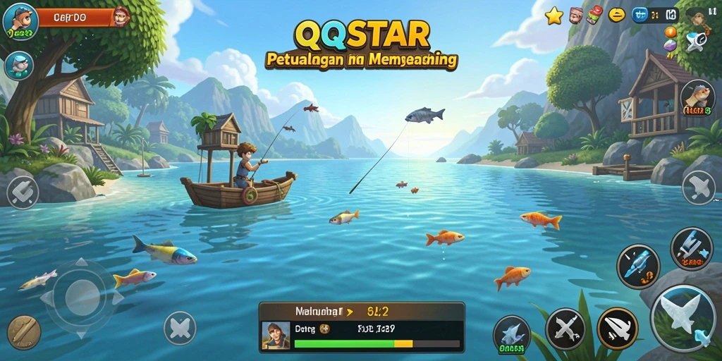 Tampilan gameplay QQSTAR yang seru dan penuh warna saat memancing.