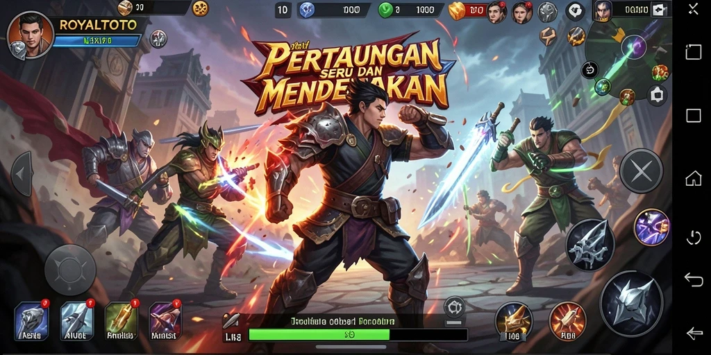 Tangkapan layar gameplay ROYALTOTO menunjukkan pertarungan mendebarkan antara karakter ikonik.