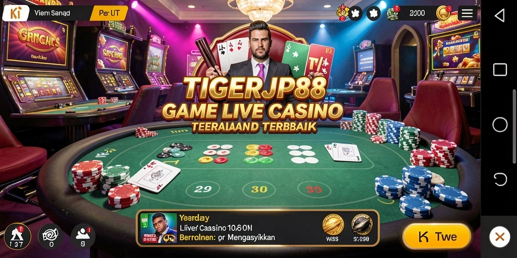 Screenshot gameplay TIGERJP88 menampilkan dealer profesional dan suasana permainan Live Casino.