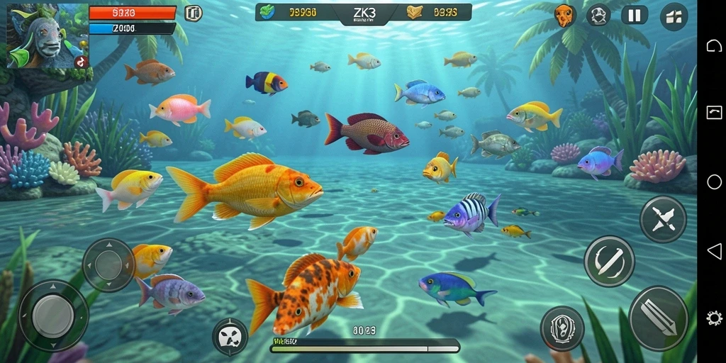 Tampilan gameplay ZK3 yang menampilkan aksi menembak ikan.